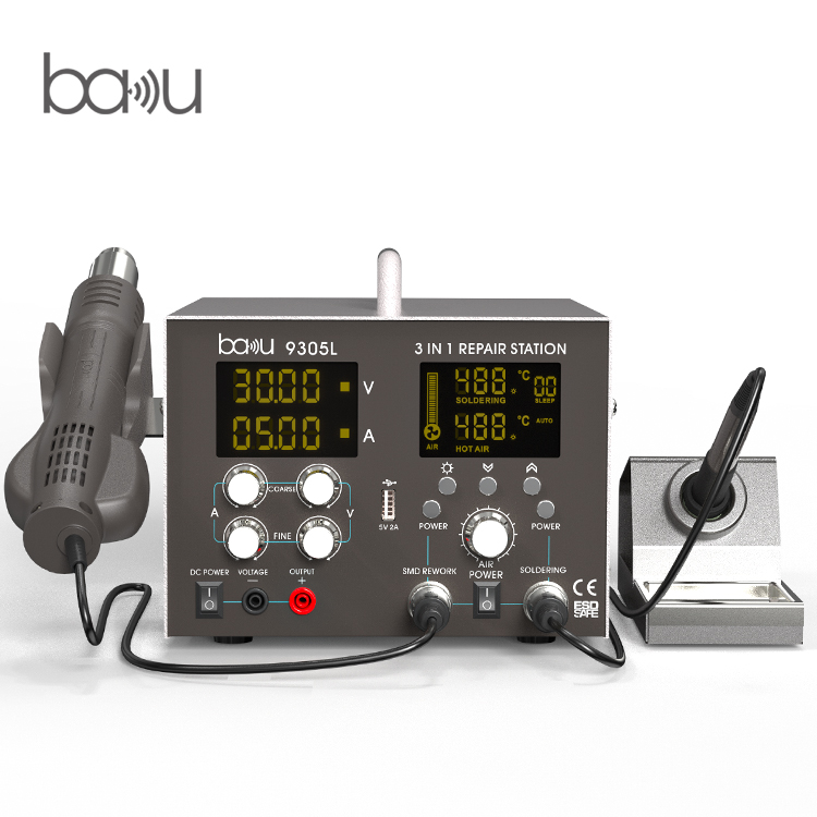 Hot selling BAKU ba-9305L New Product 3 in 1 Gun Iron Stand Smd Soldering Hot Air Rework Station digital displayed product